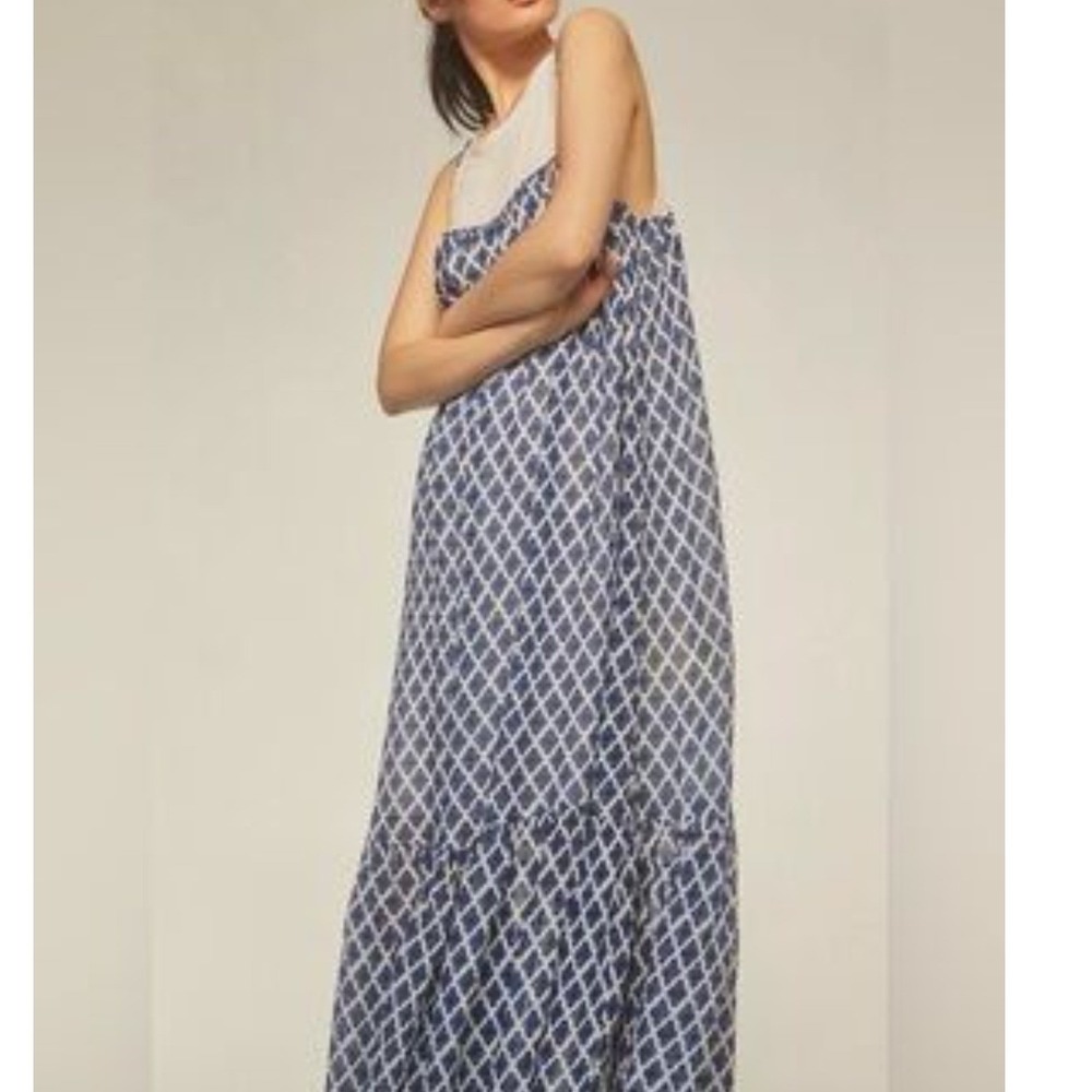 Maeve Anthropologie Blue White Diamond Print Tiered Maxi Dress Petite Medium MP
